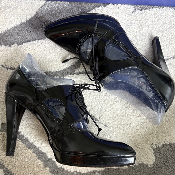 Stuart Weitzman Glossy Black Lace-Up Heels